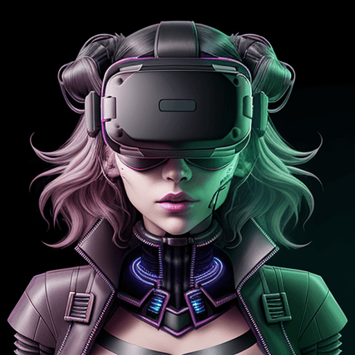 AI generated: A cyber punk woman bust facing forwards with a vr headset on with a crazy look and slightly wavy hai...
