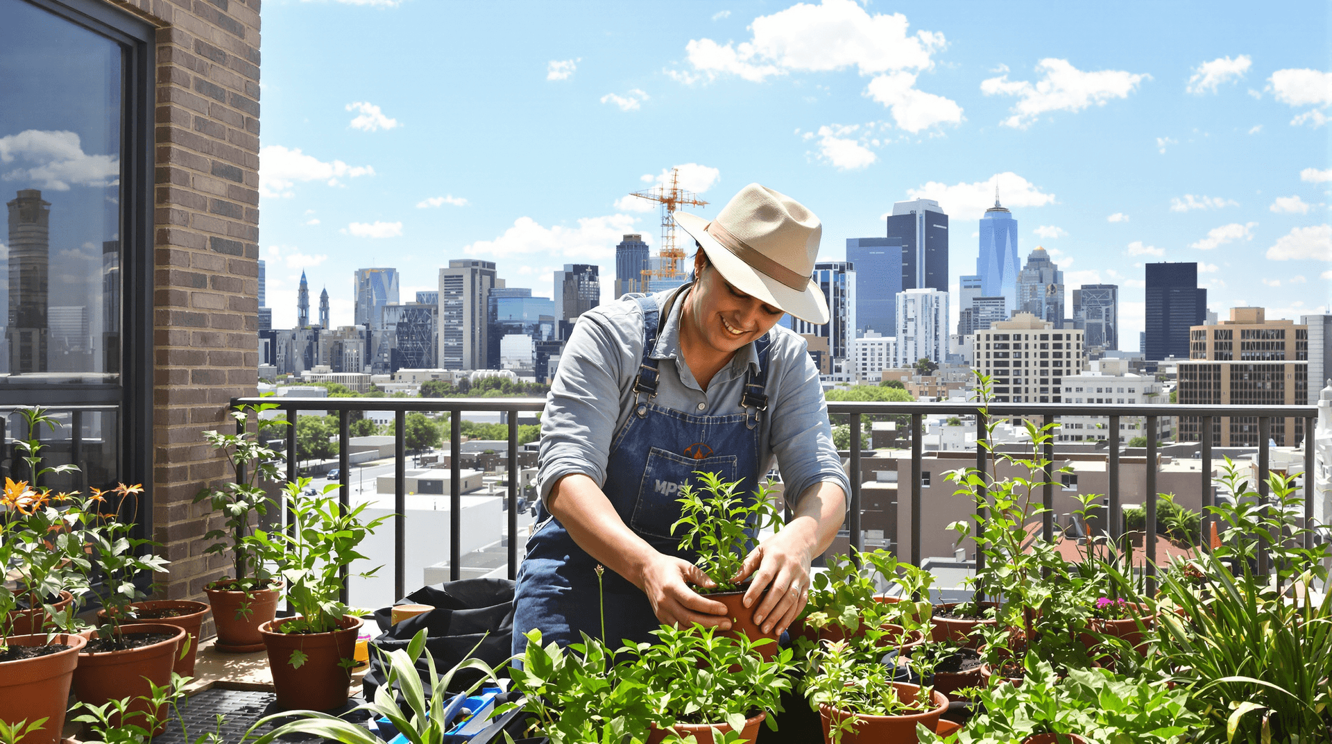 AI generated: An urban gardener planting herbs in small pots on a balcony, city skyline in the background, sunny d...
