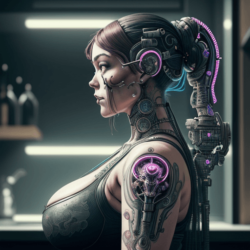 AI generated: thick woman on kitchen with intricate detailed frame around the outside | side profile of cyberpunk ...