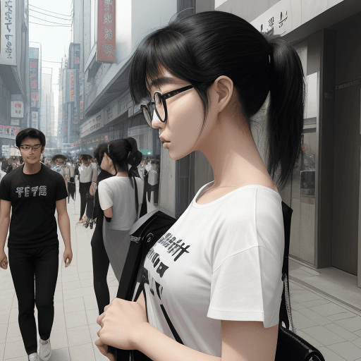 AI generated: photography, side view, upper-body, portray an innocent professional korean woman model standing aga...