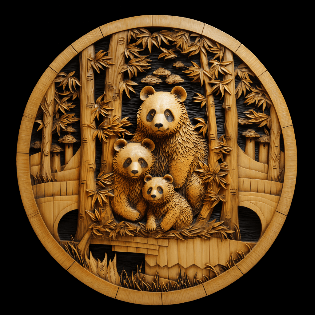 AI generated: Pandas, Wood carving relief sculpture, wildlife carving, Wood grain texture, vivid and intricate, My...