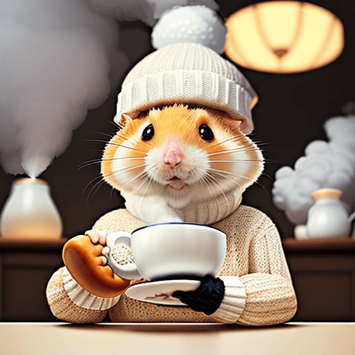 AI generated: ginger and white furred hamster with a knitted hat and jumper. hamster holding a steaming cup of tea...