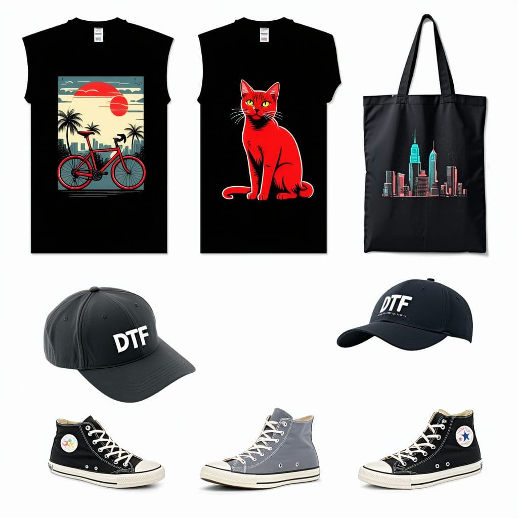 AI generated: Vibrant collection of apparel and accessories, featuring three graphic t-shirts on a black backgroun...