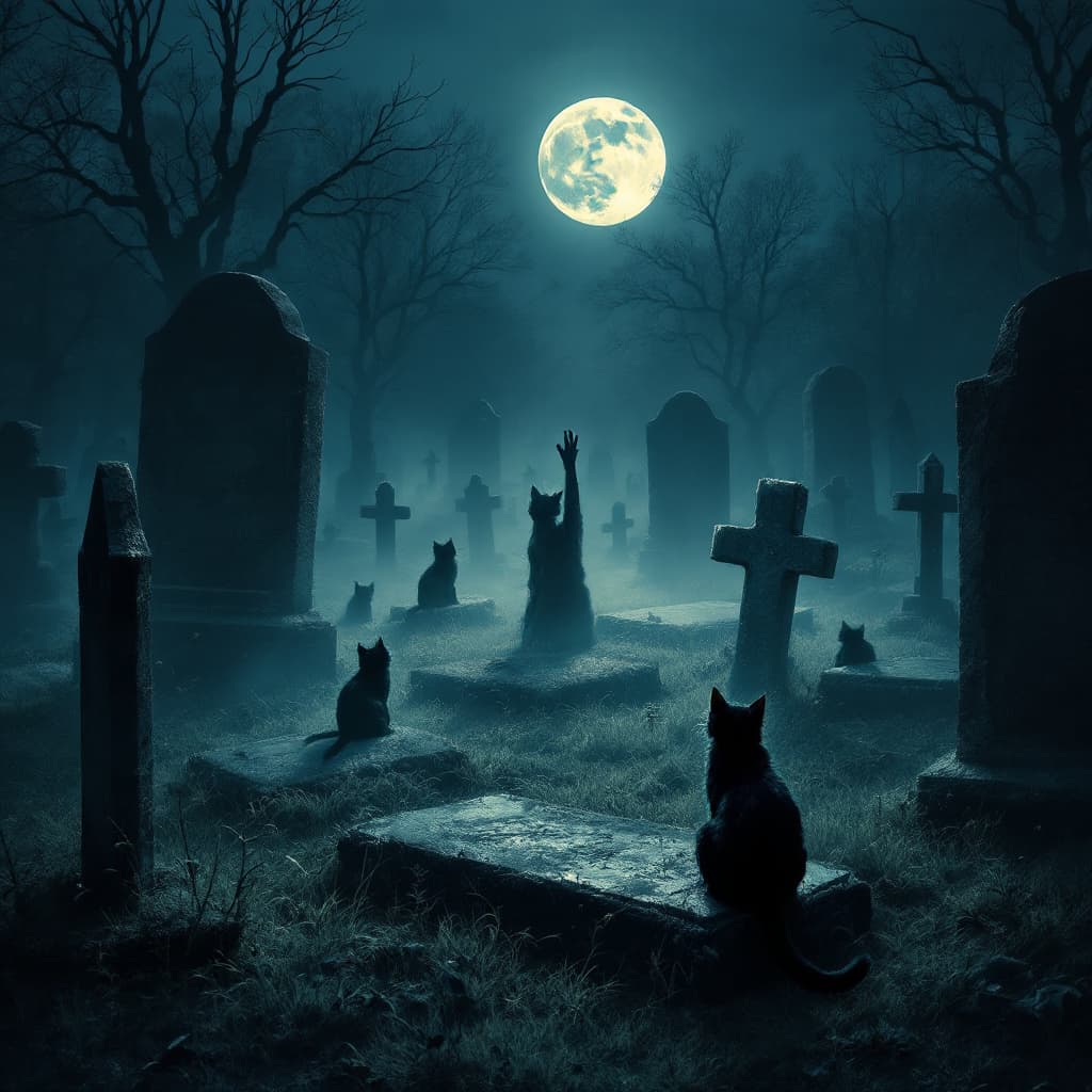 AI generated: Its nightime in the graveyard and the black cats are sitting on gravestones. The moon is full and th...