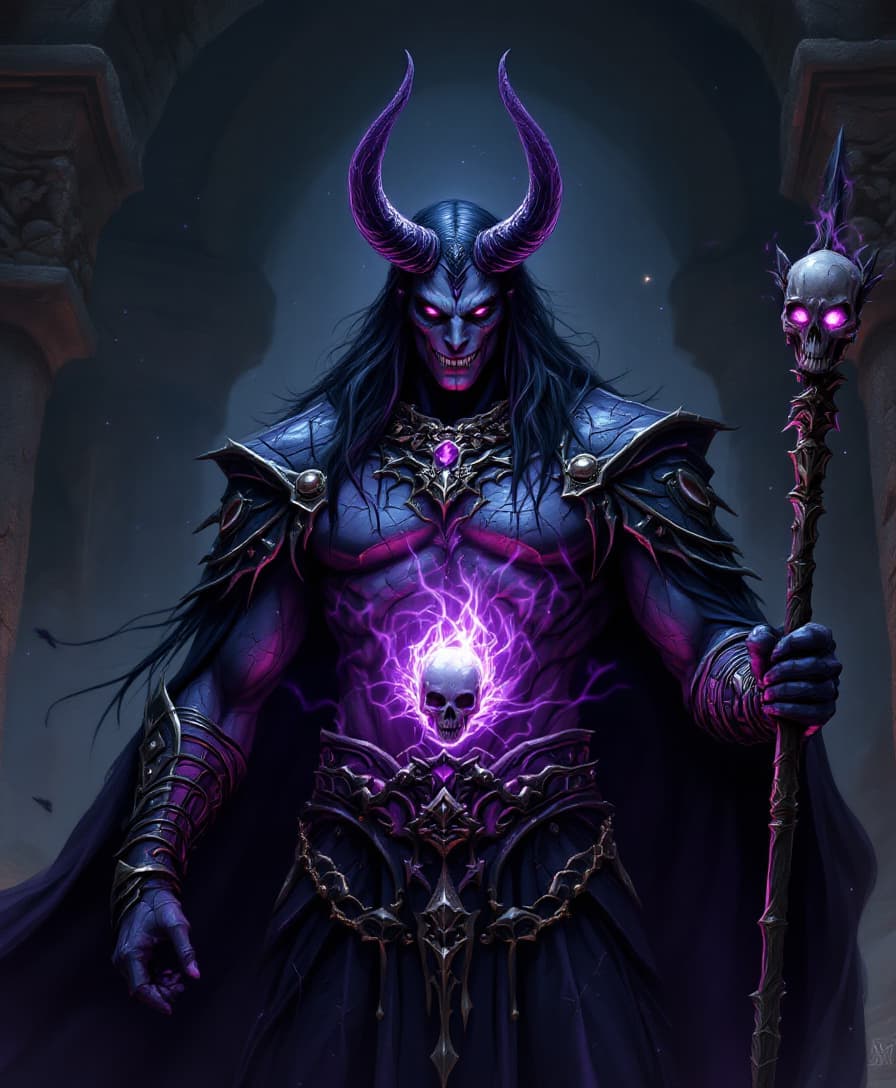 AI generated: Visualize a towering dark elf warlord, standing beneath a crumbling stone vault within the deepest s...