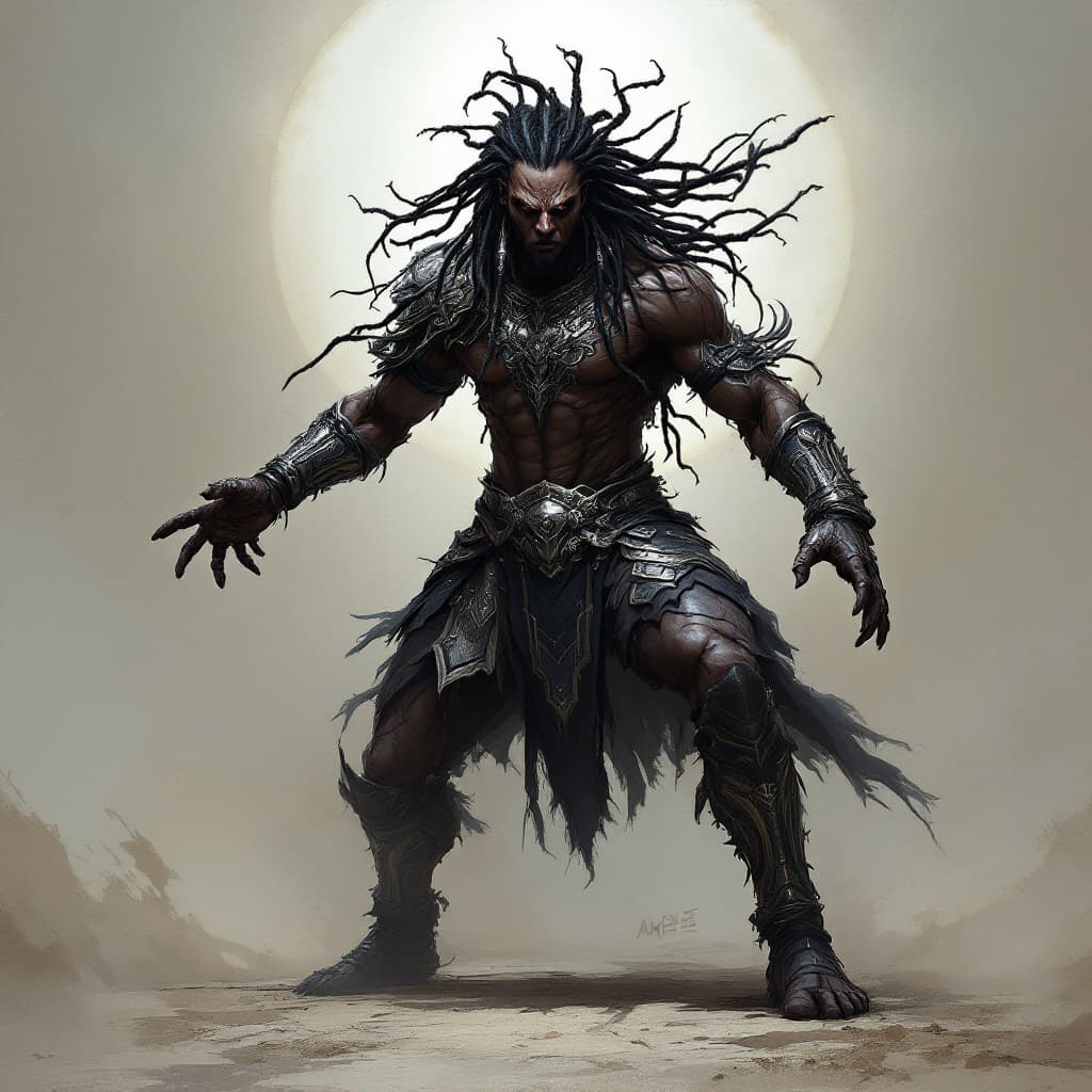 AI generated: concept art male African warrior, (auras wrath) art style, intricate oriental body armor, black and ...