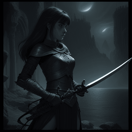 AI generated: the warior teenager at night with her sword, in the style of screen printing, epic fantasy scenes, c...