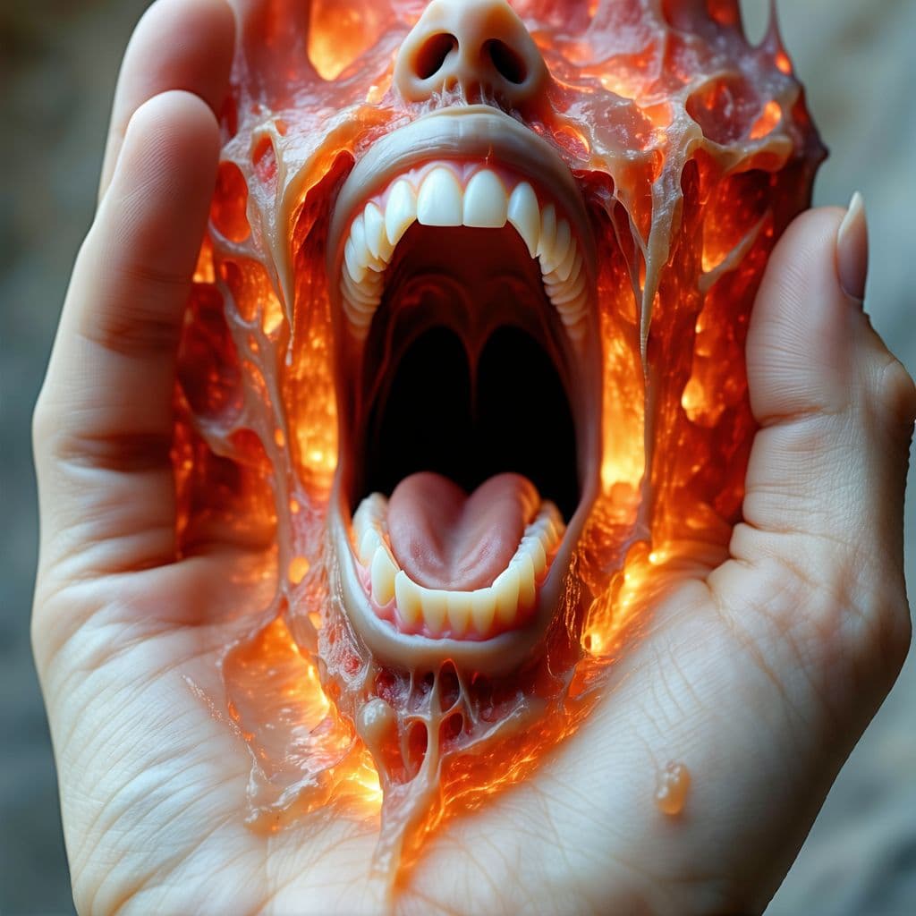 AI generated: she is a screaming mouth on the palm. Beautiful patterns made of lava. funny, White teeth in the sty...