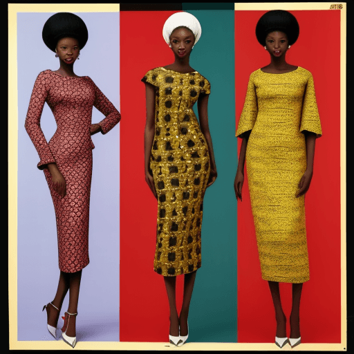 AI generated: nigerian high fashion models, vogue, squares, flower pattern, 1967 --c 25 --no no ugly, deformed, no...