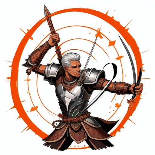 AI generated: archer god with six arms and full set of armor and a bag full of weapons, color hand drawing art sty...