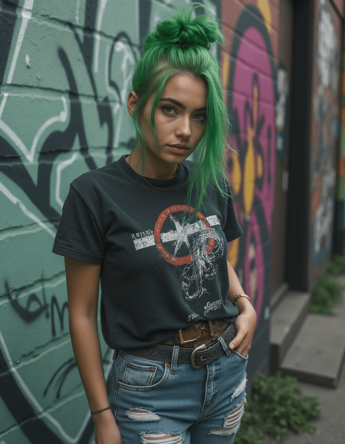 AI generated: Dyed Green Hair, Messy Top Knot, Casual Grunge Outfit, Graffiti Walls in Berlin, Germany,"A hyperrea...