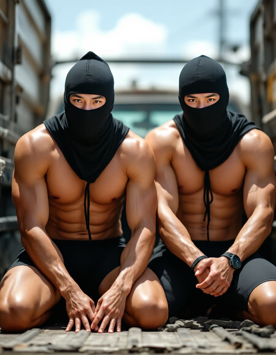 AI generated: Two muscular male Asian born Chinese wear tight compression jammers arrested by policemen in day tim...