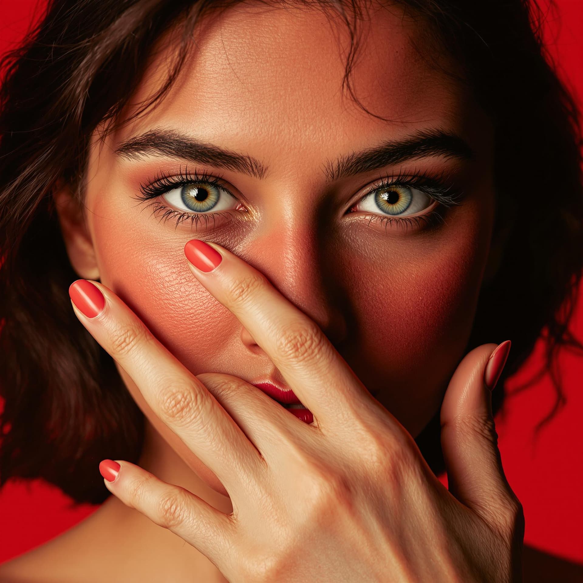 AI generated: image of a woman with a thoughtful expression, covering half of her face with her hand, pure red bac...