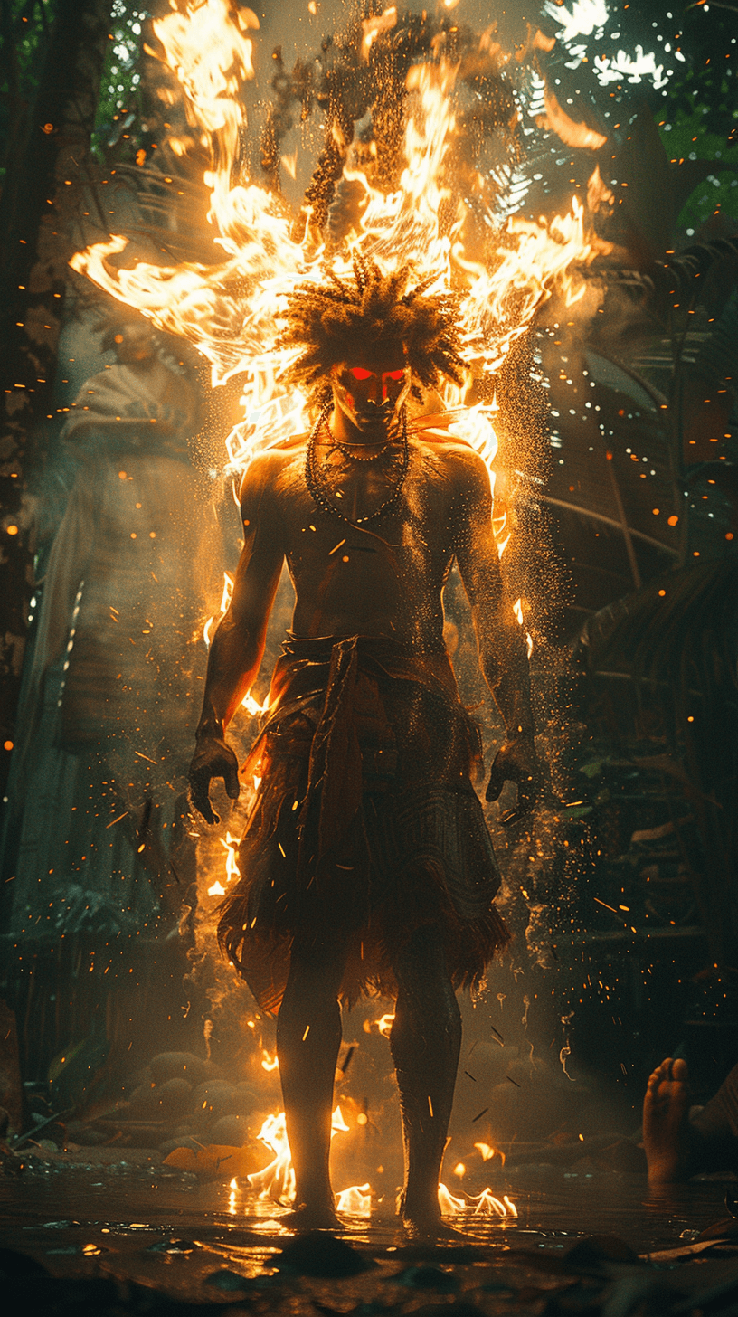 AI generated: razilian curupira folklore, super-detailed hypermaximalist cinematography, human person, fiery hair,...