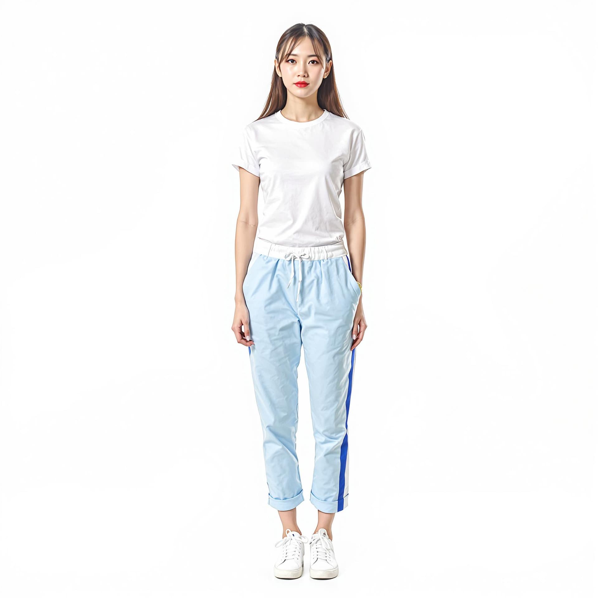 AI generated: a young Asian woman stands against a stark white backdrop. She is dressed in a short-sleeved white t...