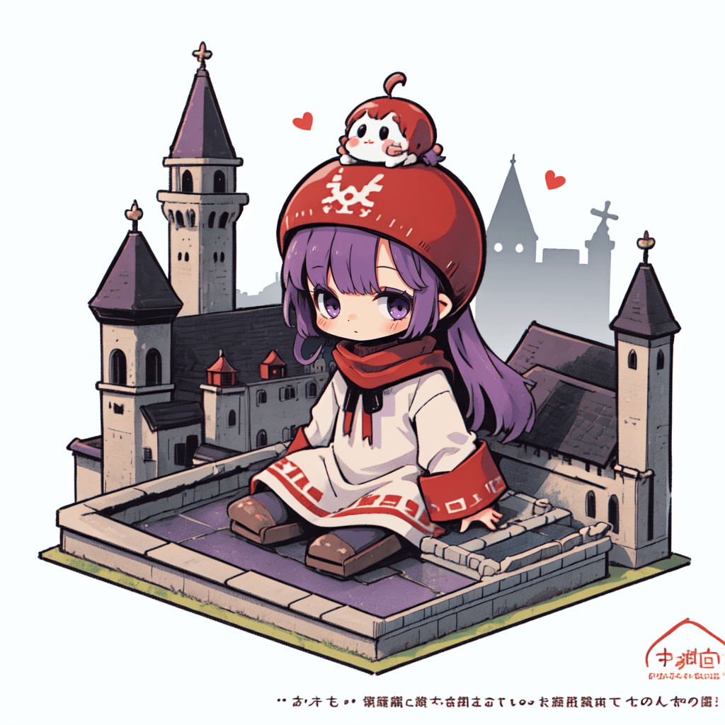 AI generated: best quality,fantasy
(solo,chibi:1.2),dqPOM,red hood,purple hair,robe,bottomless,(building:1.1) on ...