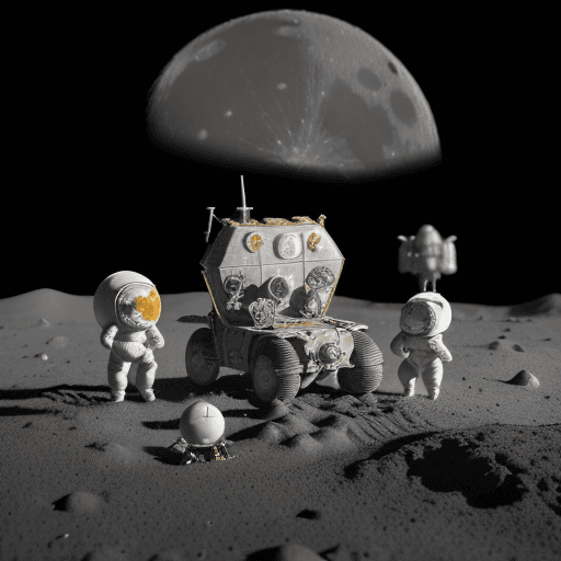 AI generated: A moon-exploration fantasy with miniature astronauts & moon-buggy-toy & other moon-base toys arrange...