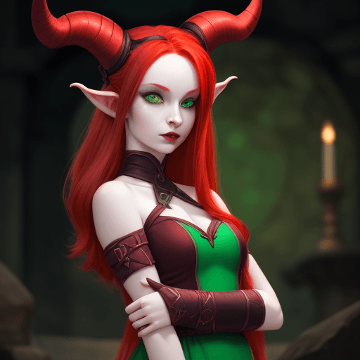 AI generated: Tiefling woman barde short dress long red hair two horns and two side buns pale skin green bright ey...