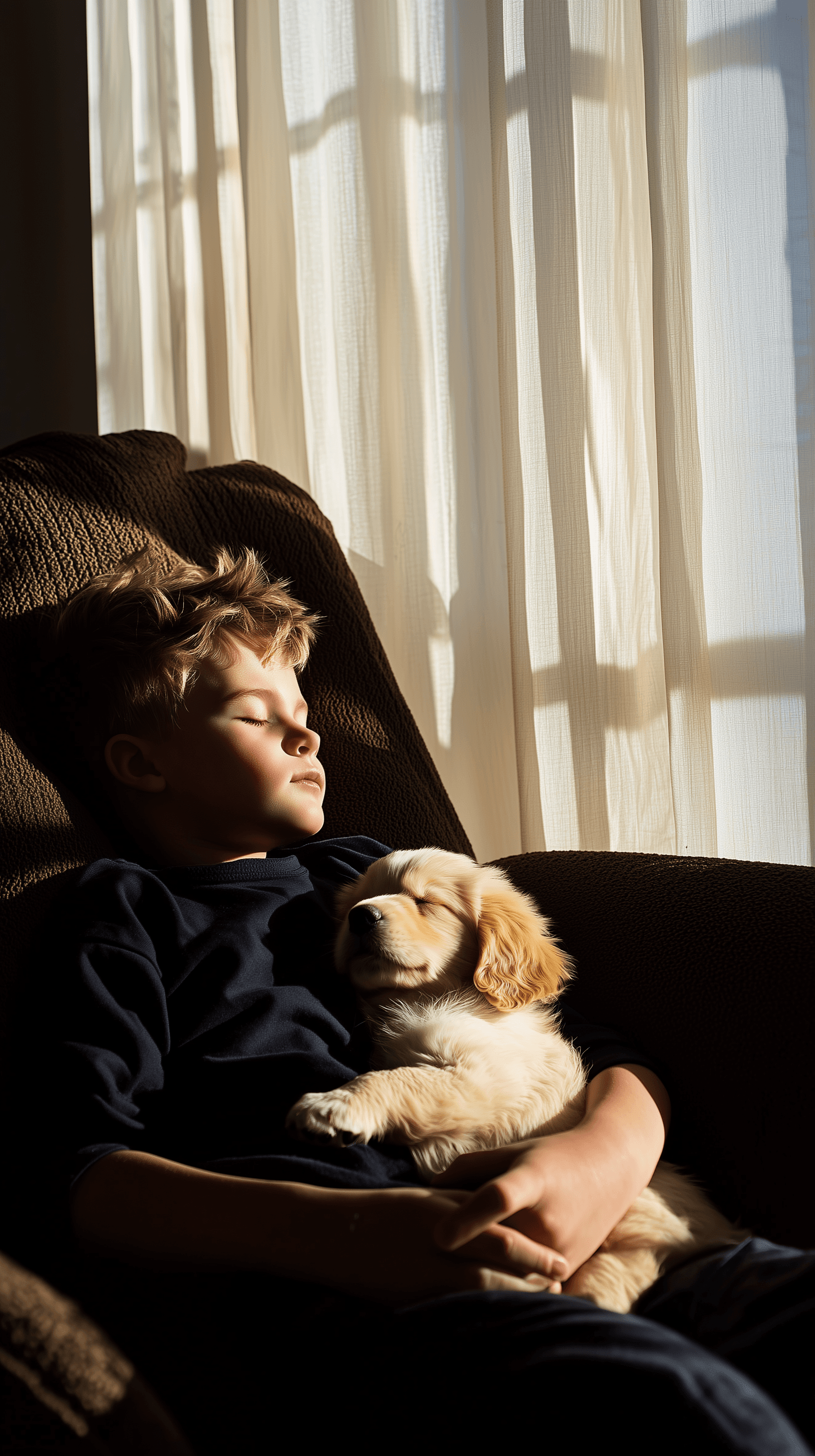 AI generated: cinematic, candid shot, side angle, Canon EOS R5, boy and puppy relaxing together, closed eyes leani...