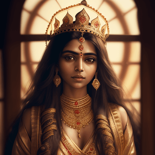 AI generated: portrait of a indian queen wearing a crown,made of gold, close up, half body, looking at the camera,...
