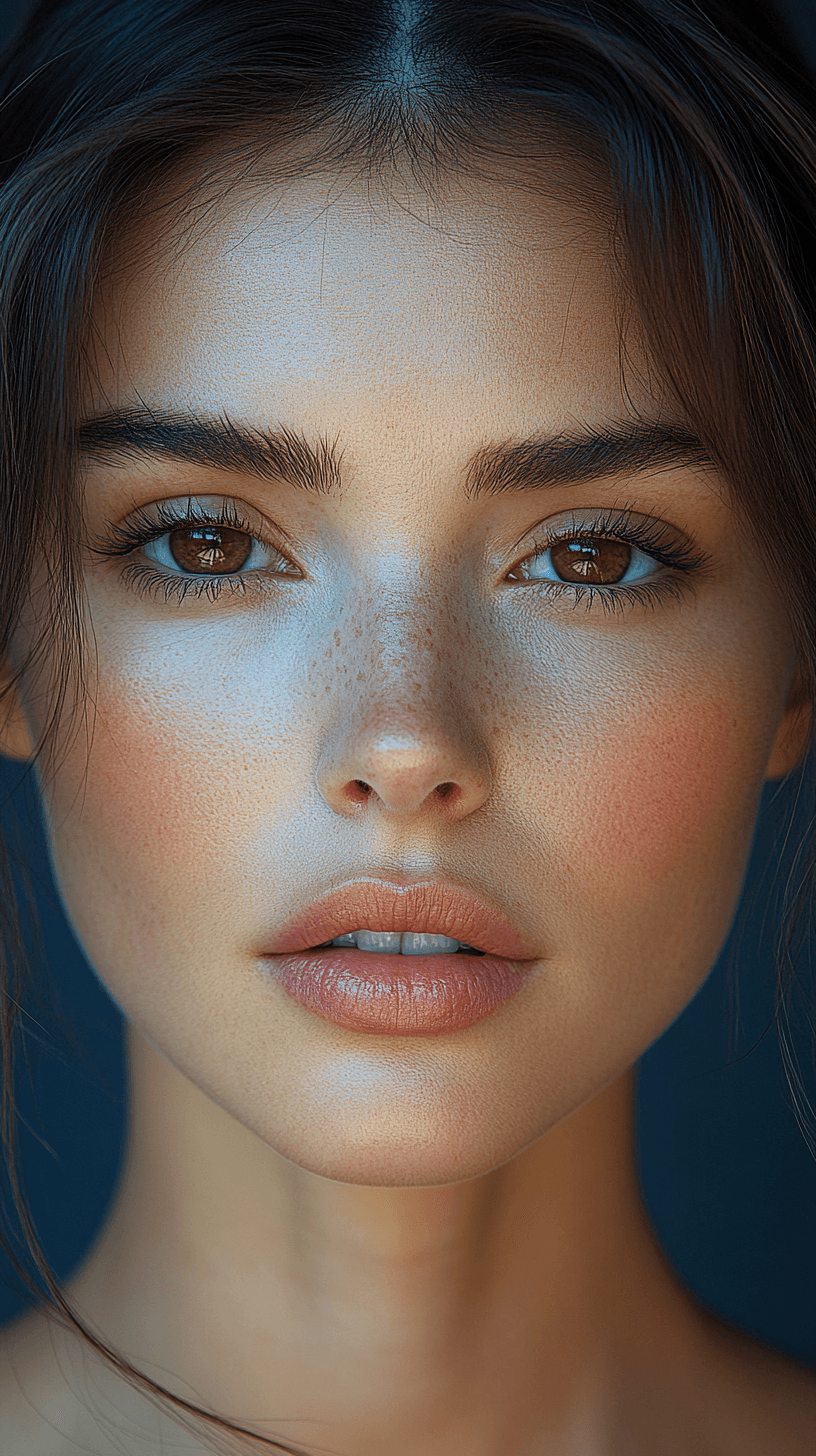 AI generated: the face of a woman with brown eyes, in the style of Vogue, light navy and light gray, Patrick Demar...