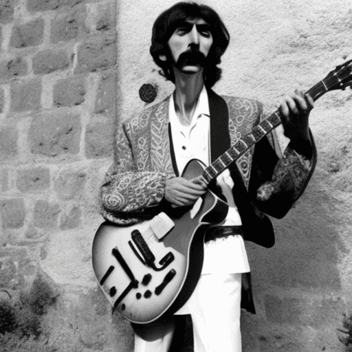 AI generated: george harrison, en mexico, con guitarra y traje de charro, 
