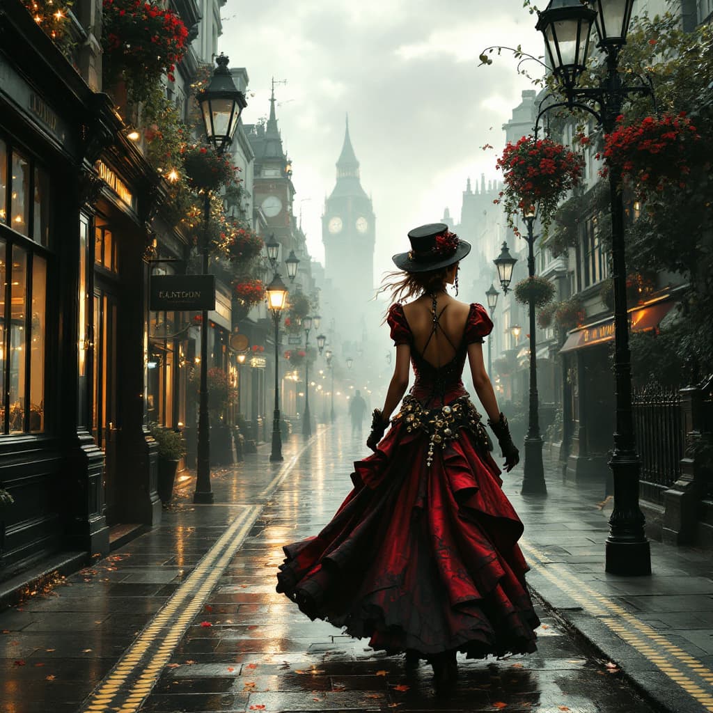 AI generated: steampunk-inspired Victorian alternative universe, woman walking in the  streets in london  