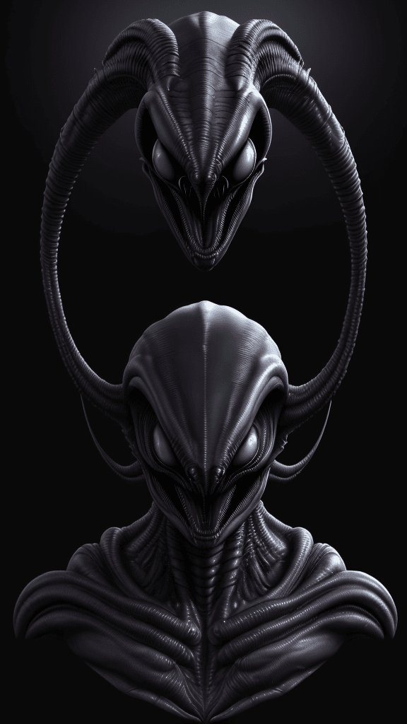 AI generated: alien head with a large, sharp, sharp, and sharp face, concept art inspired by Giger, zbrush central...