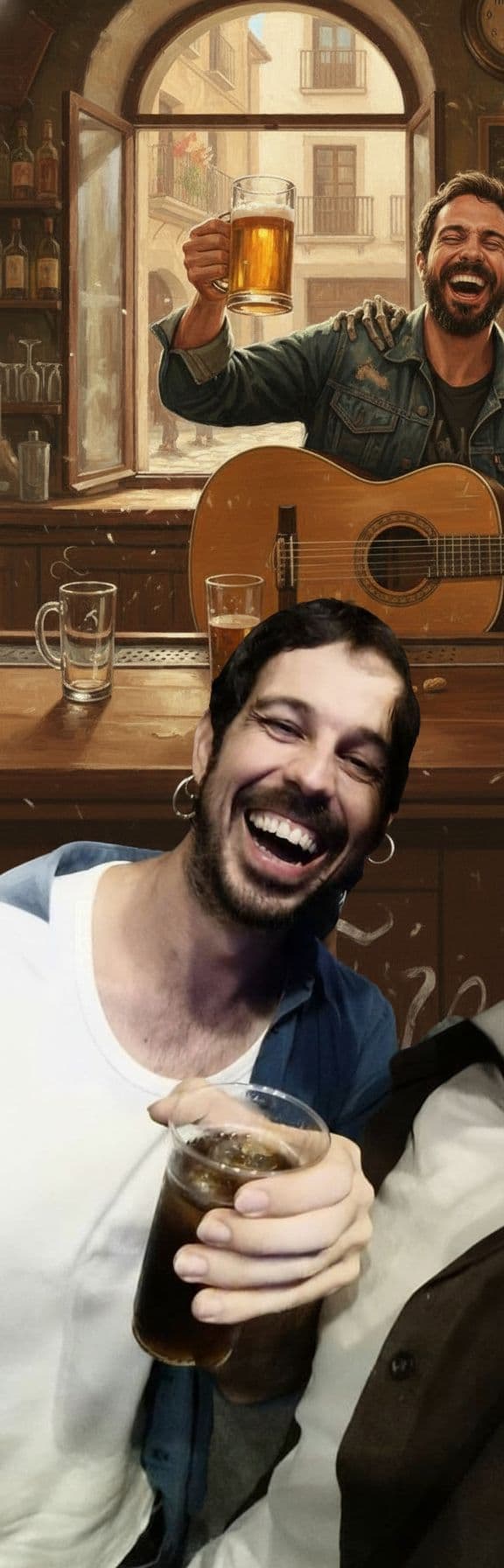 AI generated: Quiero que me des la misma foto de el hombre y la muerte bebiendo, con la misma expresión y el mismo...