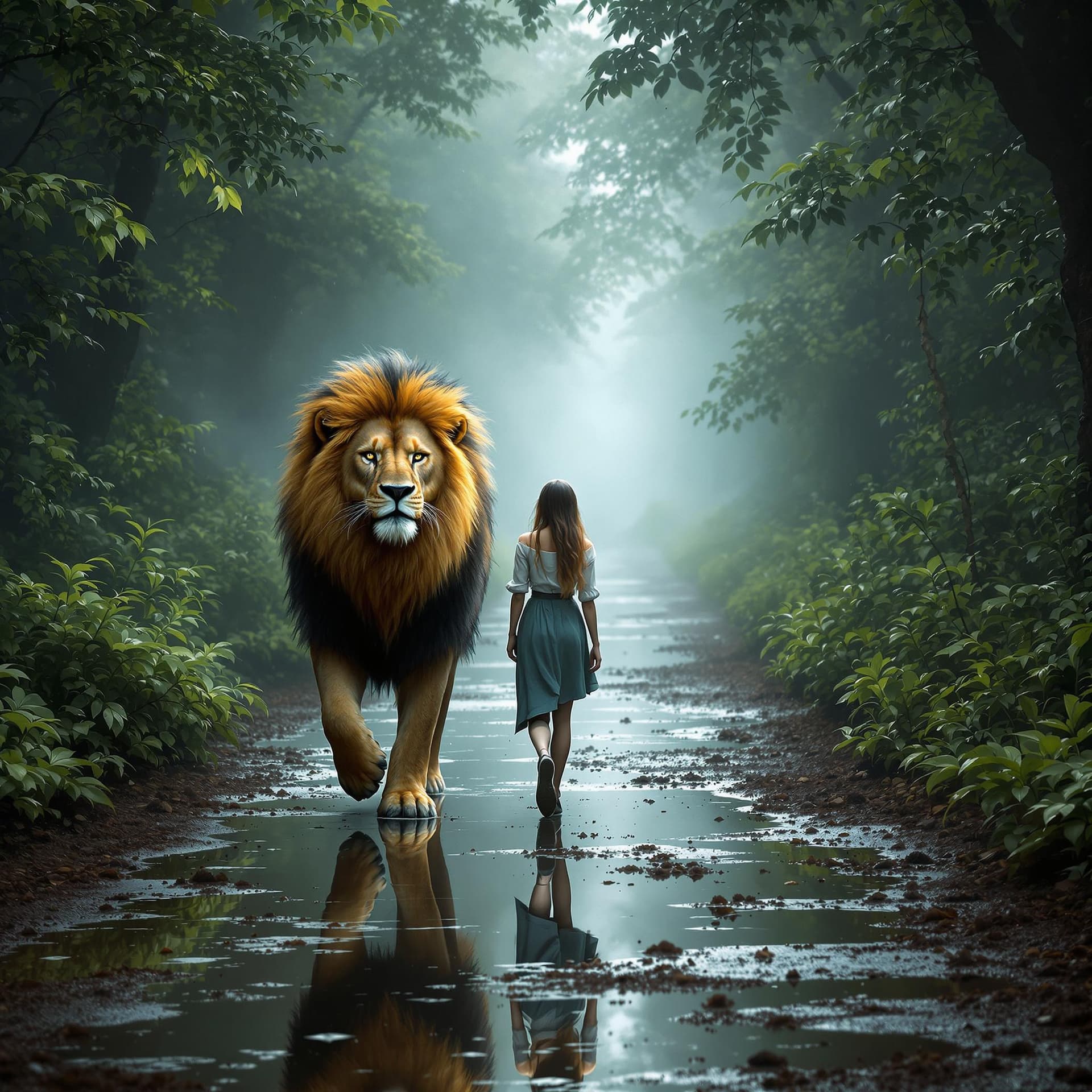 AI generated: The lion walks beside her, its mane full and eyes piercing. They are walking on a misty forest path ...