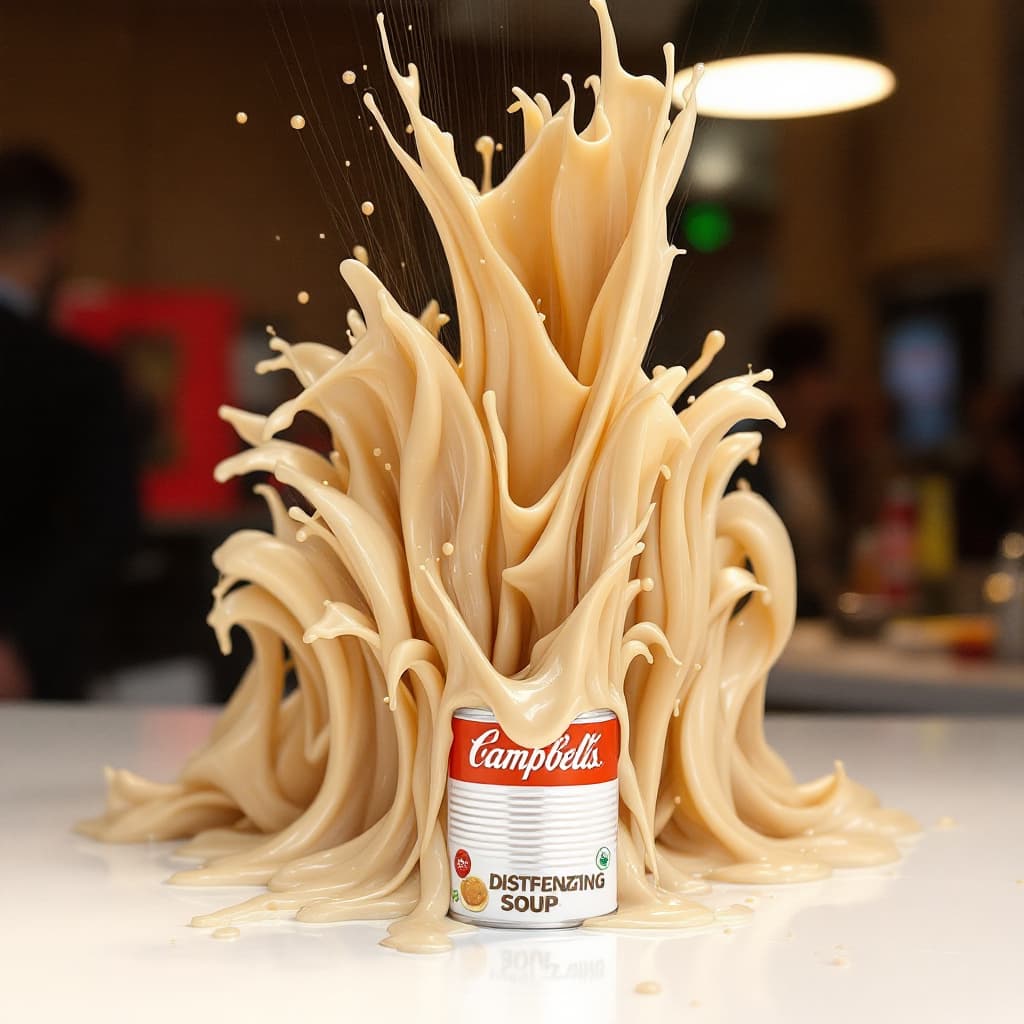 AI generated: 9 photos of canned soup. The cans are disintegrating. In the background stands carmen electra.