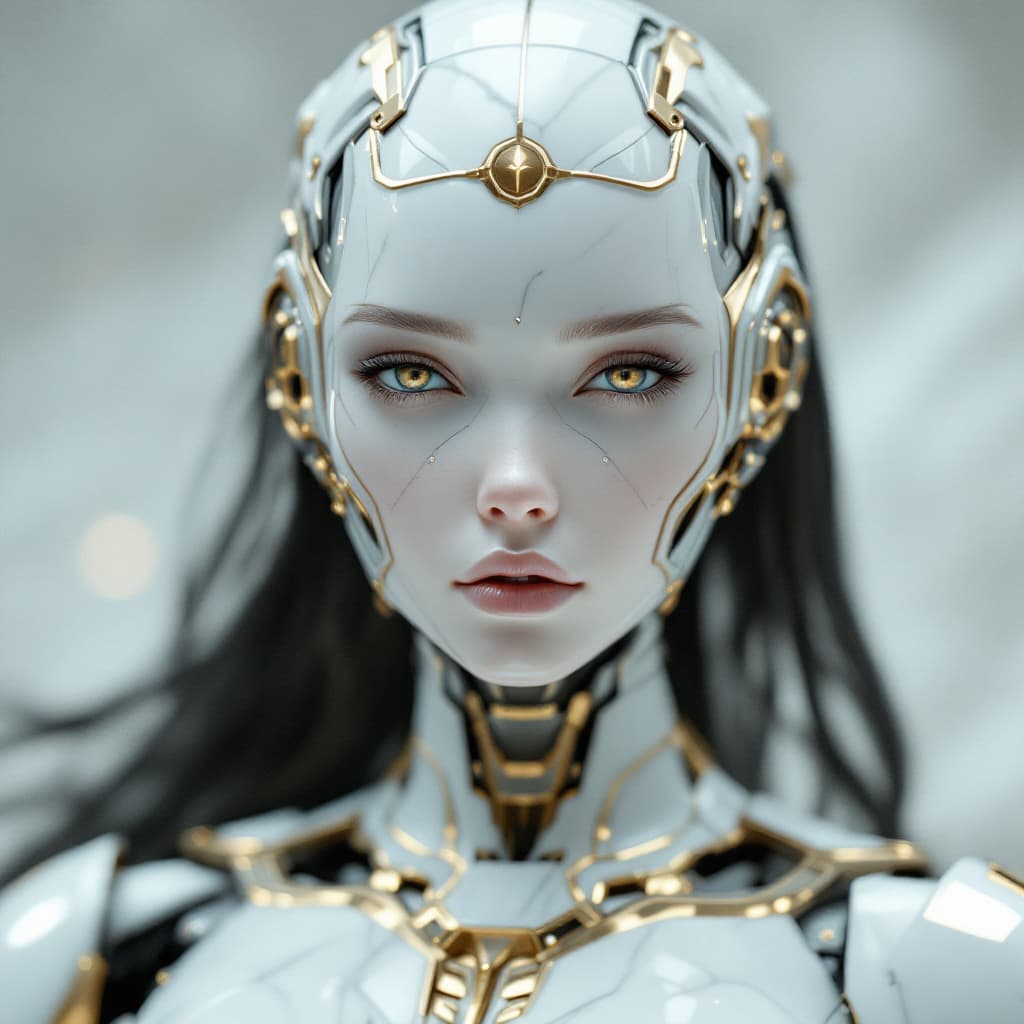 AI generated: Tilt-shift photo of Mind blowing depth and foreground clarity, A ultra detailed conceptual android g...