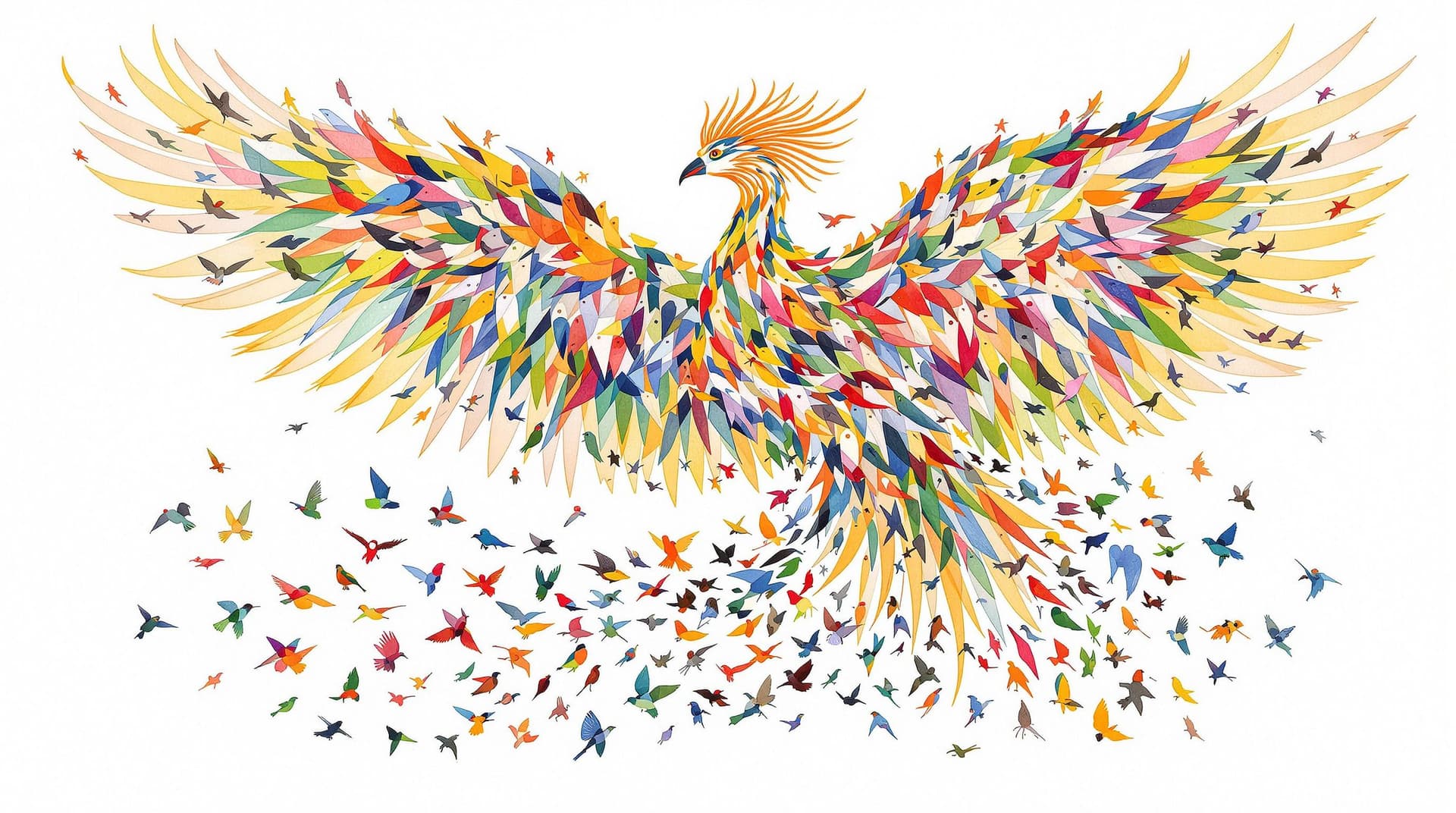 AI generated: A majestic phoenix-like bird with the head of a Hoopoe, composed entirely of various smaller birds. ...