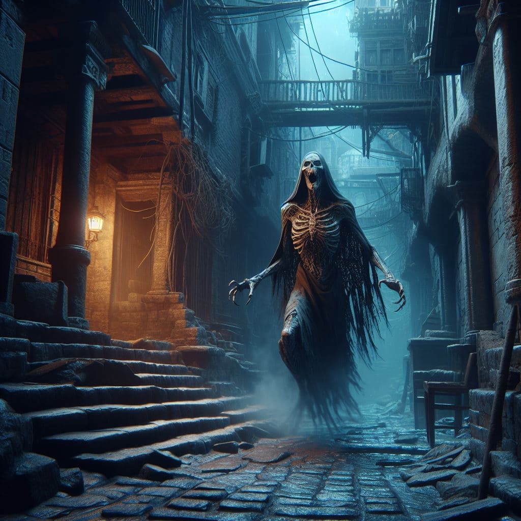 AI generated: fantasy and terrifying Banshee at night, in a dilapidated, ancient alley, intricately detailed., pho...