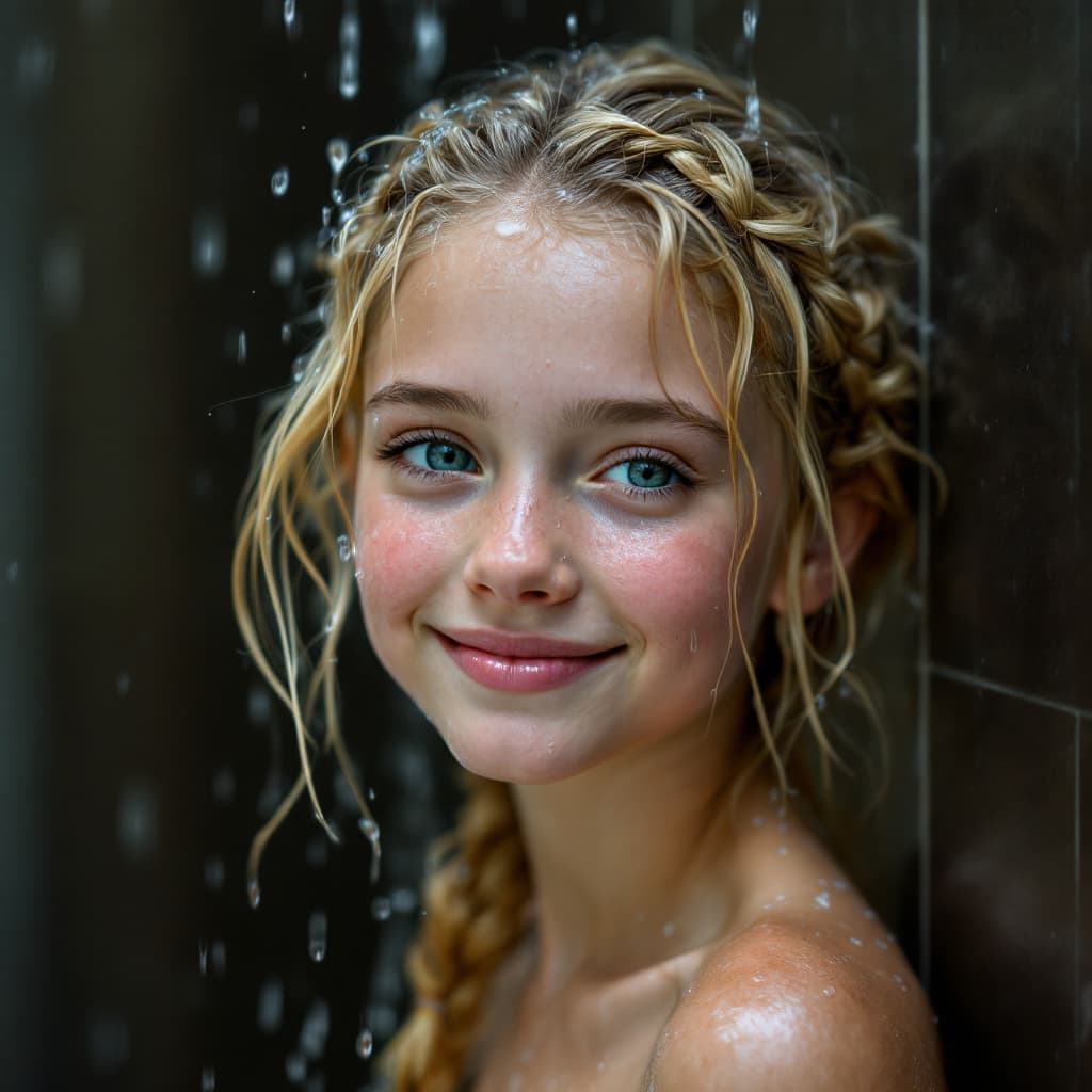 AI generated: girl teen, blonde hair with braid, smile , tiny body , in the shower , wet , hyper realistic, petite...