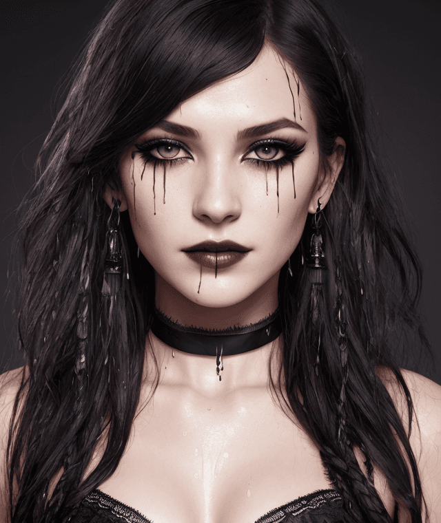 AI generated: ((full-length photo)), {Jeanette Voerman} 18 y.o. , vampire the masquerade bloodlines, [ (smeared ma...