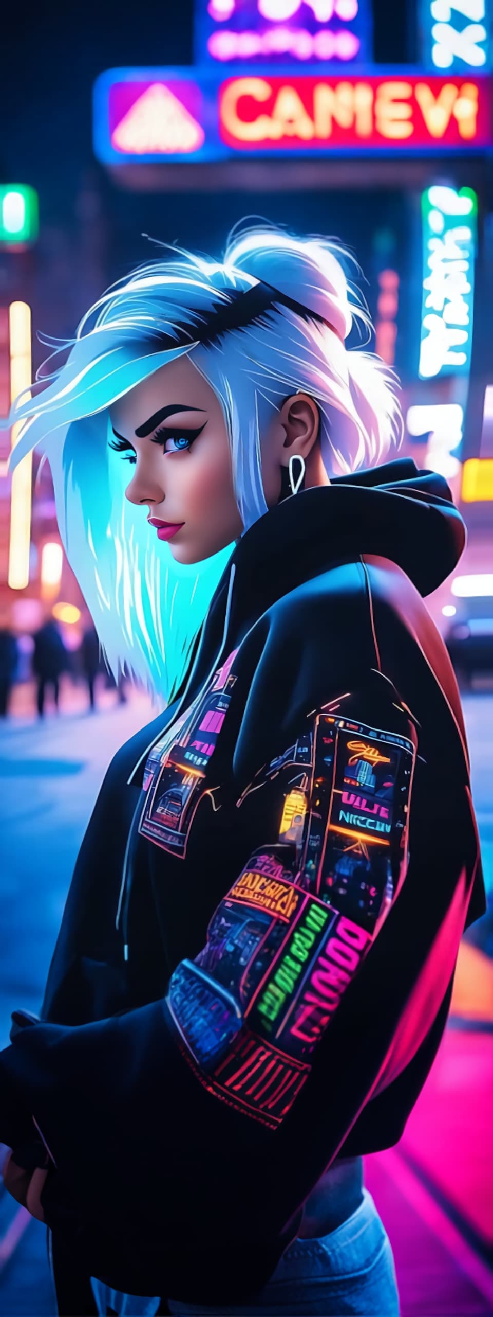 AI generated: Fantastic girl with white hair from incredible angle view in black hoodie, city landscape should be ...