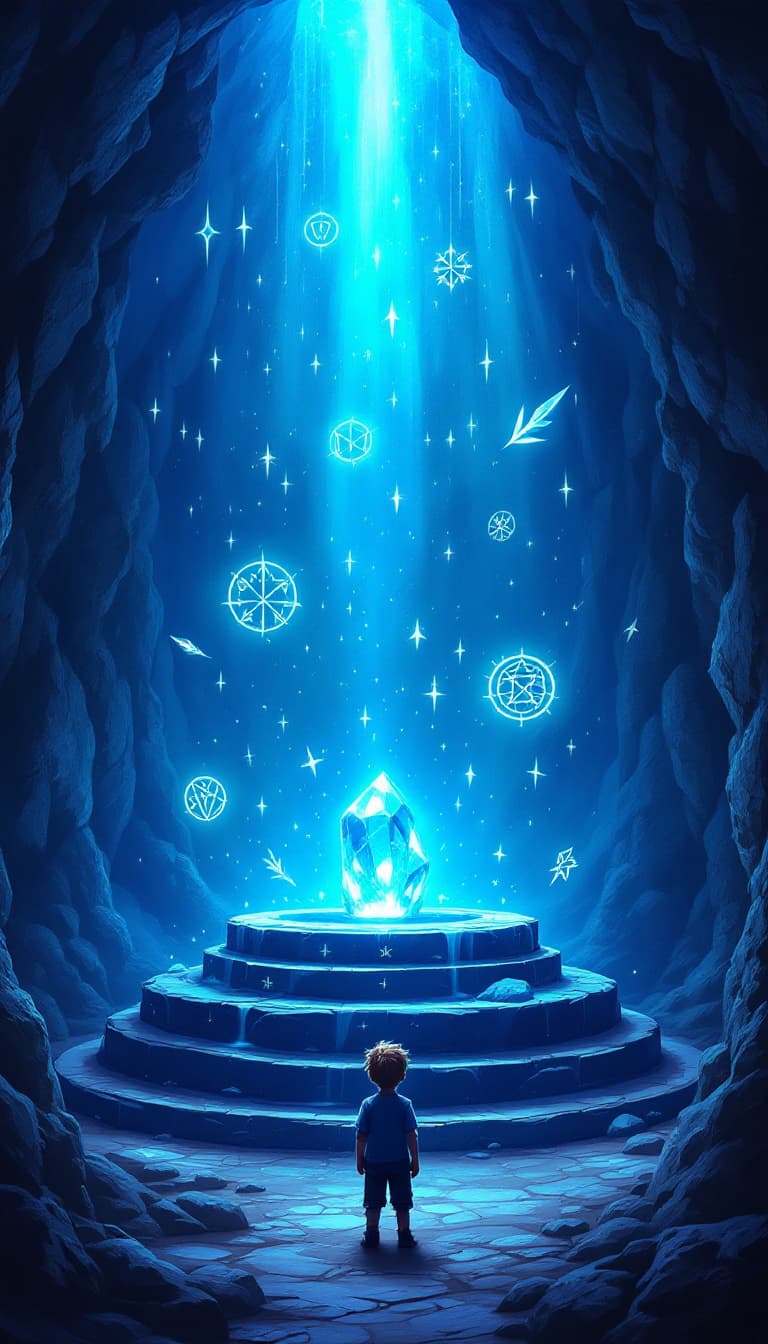 AI generated: "Inside a mystical cave illuminated by soft blue light, a glowing blue crystal sits on a pedestal su...