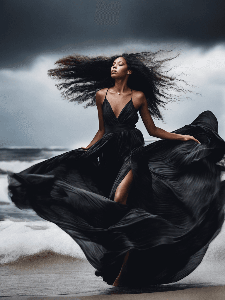 AI generated: amazing background, breathtaking bohemian black model, motion, award-winning art photograph, thunder...