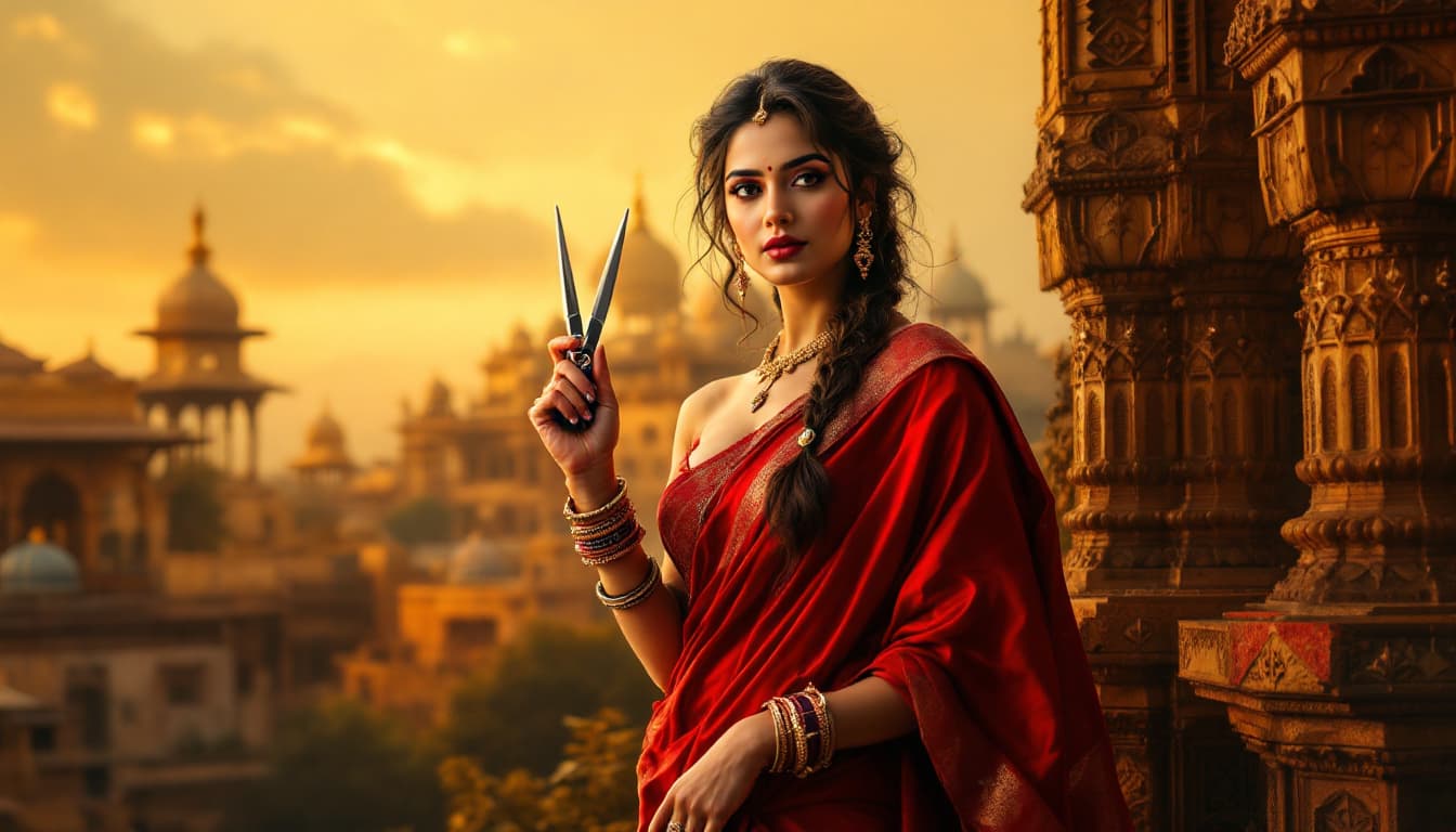 AI generated: A beautiful Rajasthani woman stands confidently, holding scissors in one hand, with a bold, cunning ...