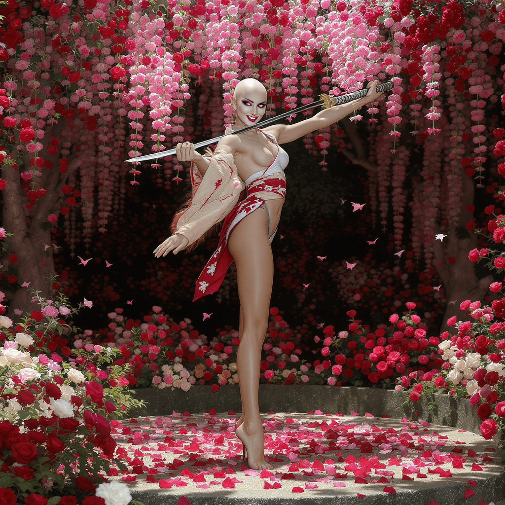 AI generated: A nimble female performer stands poised on her long, bare legs and bald head. Her bright purple eyes...