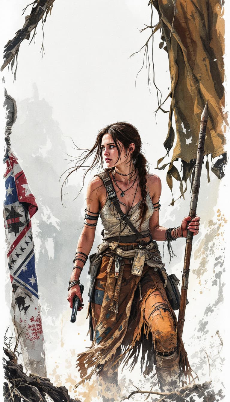 AI generated: Ellie from The Last of Us in a Native American tribal setting, hyperrealistic, superdetailed, full o...