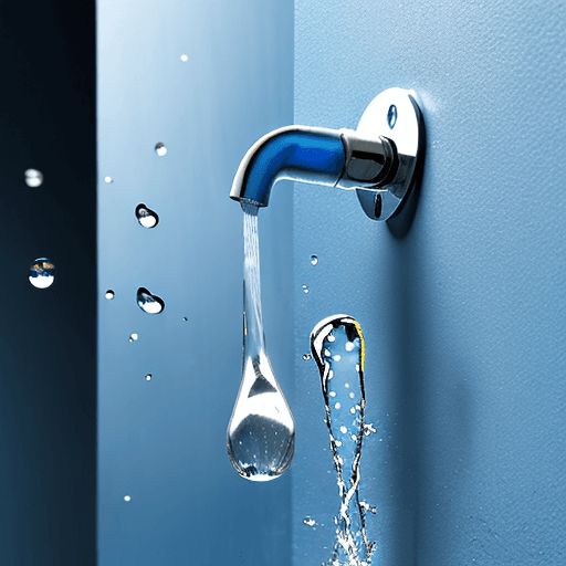 AI generated: One water droplet falling from a metal tap attached to a blue wall.