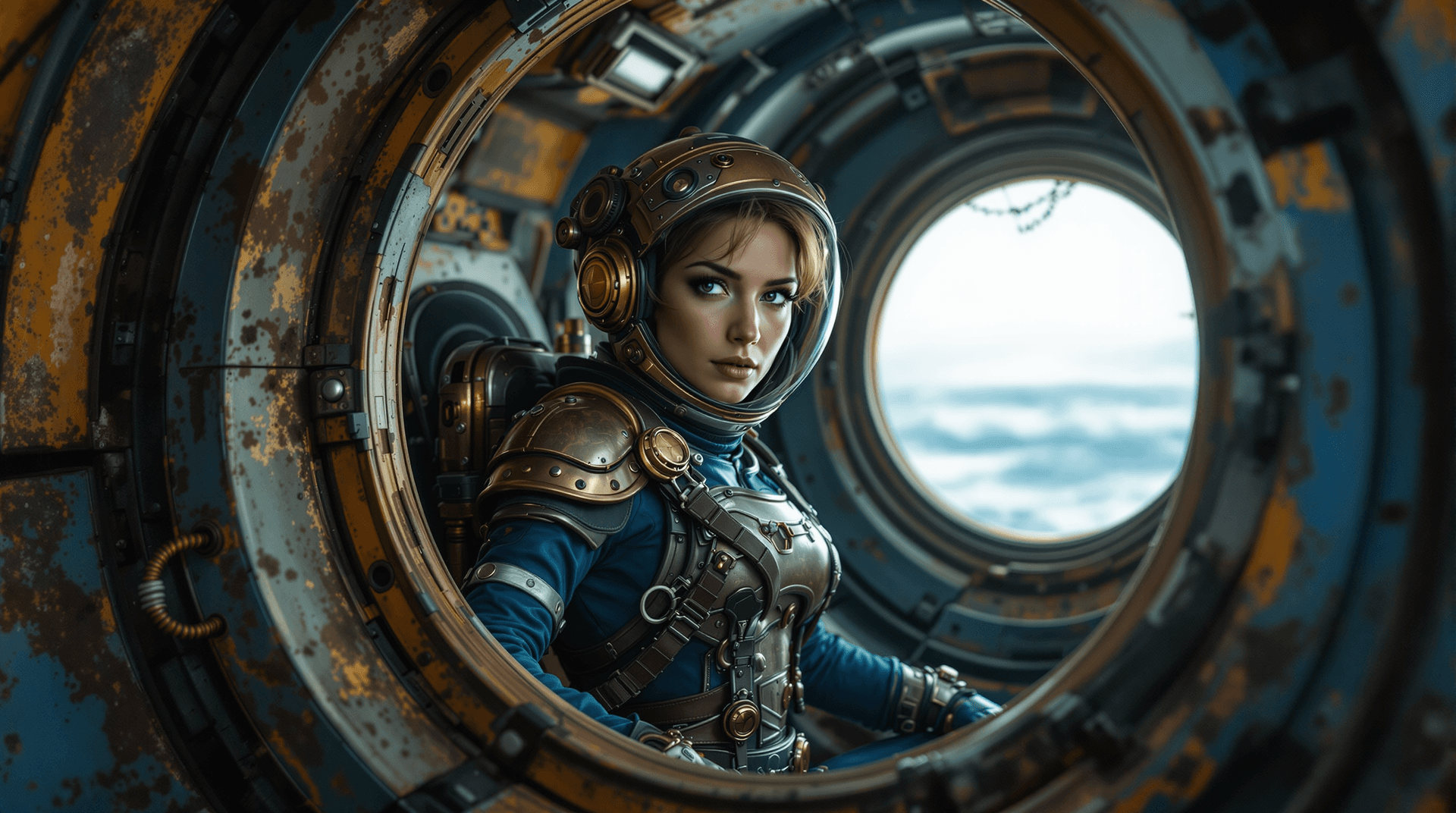 AI generated: a realistic photo of a 45-year-old woman in steampunk spacesuit in an old steampunk spaceship window...