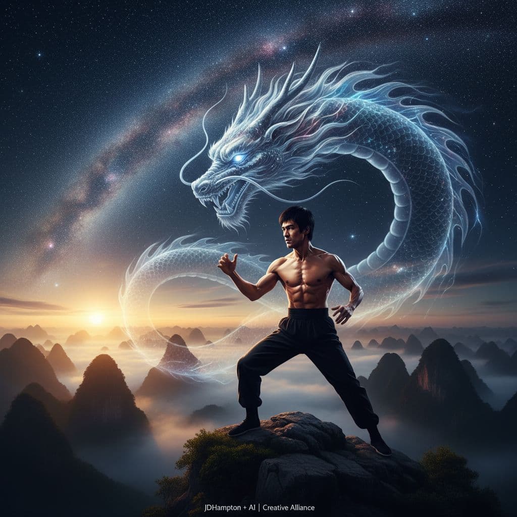 AI generated: **A cinematic masterpiece, a spiritual tribute by JDHampton & AL. Bruce Lee at his absolute physical...