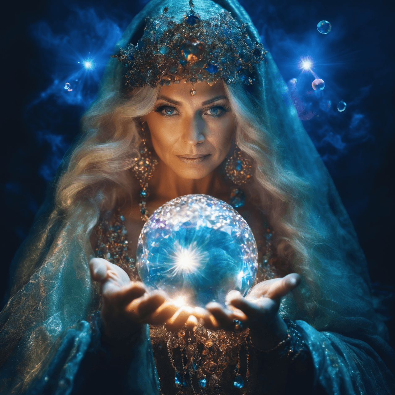 AI generated: A mystical 45-year-old sorceress, adorned with shimmering crystal jewelry, conjures swirling element...