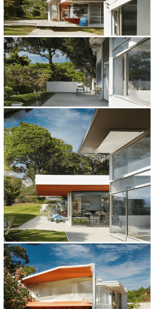 AI generated: hyper realistic eye level exterior photo of a mid century modern style house overlooking the ocean, ...