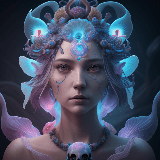 AI generated: Goddess close-up portrait ribcagel. jellyfish phoenix head, nautilus, orchid, skull, betta fish, bio...
