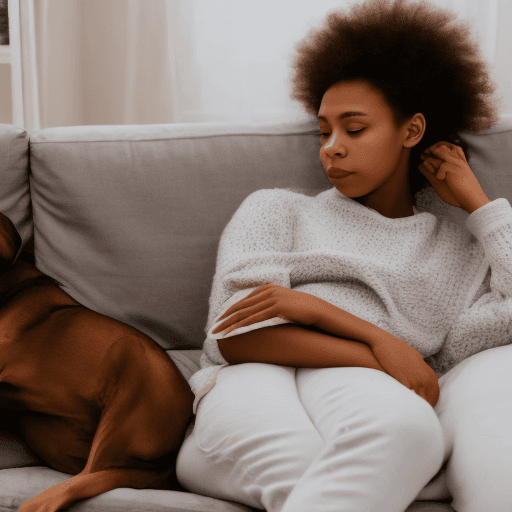 AI generated: young female 20 years old sleeping on couch with dog