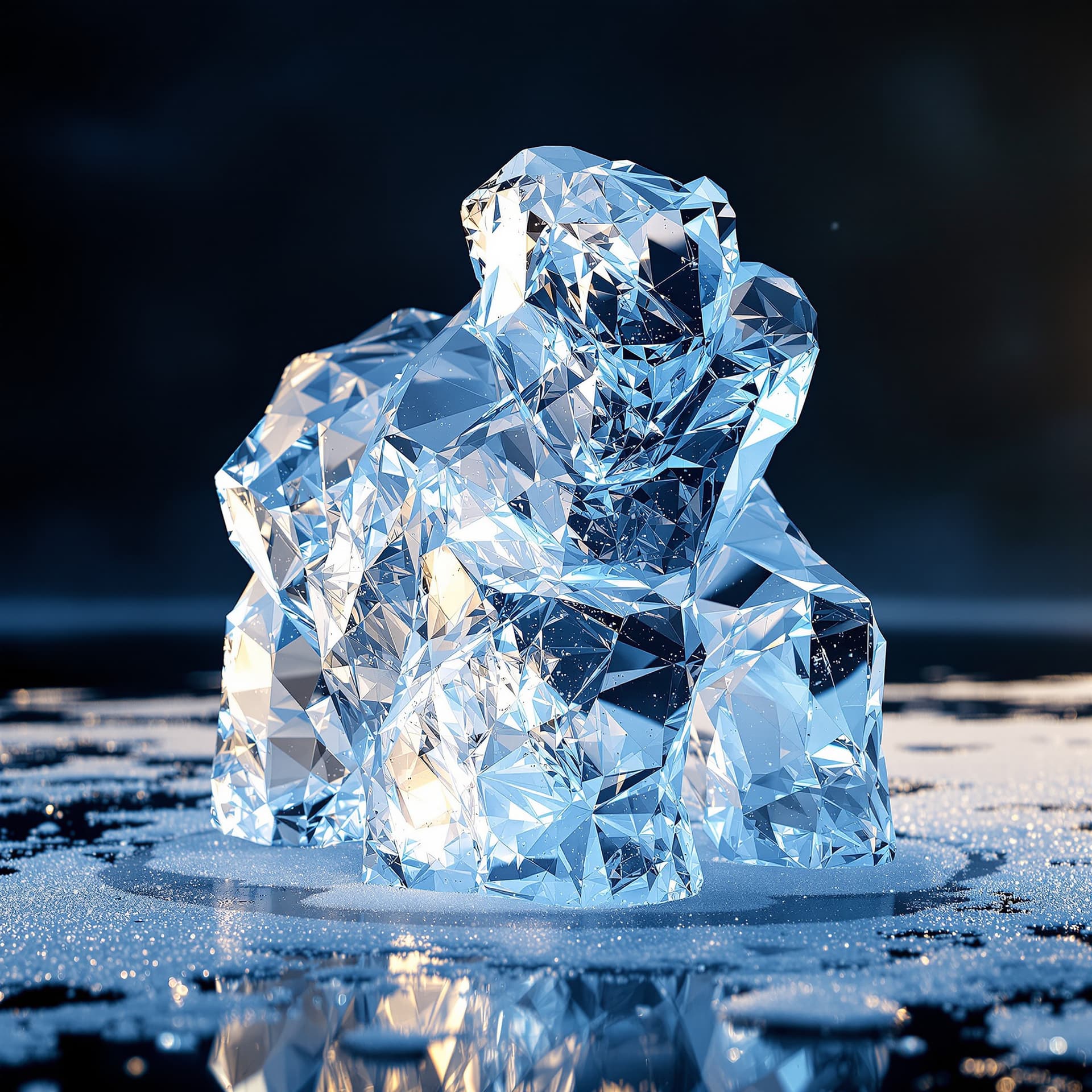 AI generated: “PromptHero” sculpted from translucent ice, detailed surface reflections, frosty edges, cold blue li...